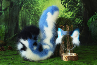 Realistic calico faux fur cat tail and ear kemonomimi kitten ear and tail anime cosplay therian puppy ear and tail butt plug dog ears and tail furry