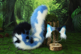 Realistic calico faux fur cat tail and ear kemonomimi kitten ear and tail anime cosplay therian puppy ear and tail butt plug dog ears and tail furry