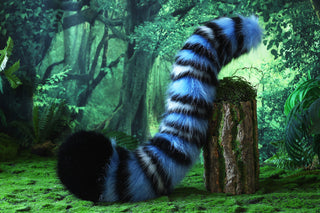 Realistic faux fur derpy tiger ear and tail set blue black white stripes derpy tiger tail and ear kpop demon hunters cosplay ears and tail