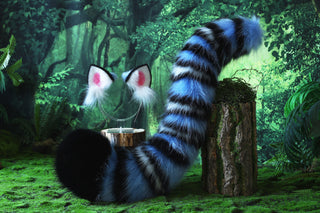 Realistic faux fur derpy tiger ear and tail set blue black white stripes derpy tiger tail and ear kpop demon hunters cosplay ears and tail