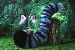 Realistic faux fur derpy tiger ear and tail set blue black white stripes derpy tiger tail and ear kpop demon hunters cosplay ears and tail