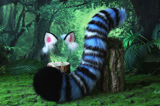 Realistic faux fur derpy tiger ear and tail set blue black white stripes derpy tiger tail and ear kpop demon hunters cosplay ears and tail