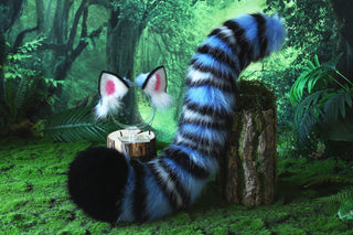 Realistic faux fur derpy tiger ear and tail set blue black white stripes derpy tiger tail and ear kpop demon hunters cosplay ears and tail