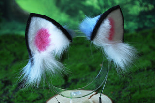 Realistic faux fur derpy tiger ear and tail set blue black white stripes derpy tiger tail and ear kpop demon hunters cosplay ears and tail