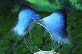 Realistic faux fur derpy tiger ear and tail set blue black white stripes derpy tiger tail and ear kpop demon hunters cosplay ears and tail