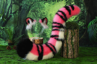 Pink tiger ear and tail set realistic faux fur tiger tail and ear set tiger petplay set animal cosplay tiger tail butt plug and ear tiger kemonomimi ears