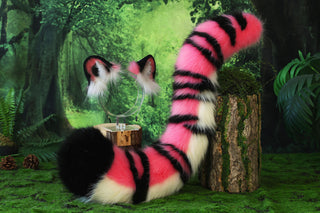 Pink tiger ear and tail set realistic faux fur tiger tail and ear set tiger petplay set animal cosplay tiger tail butt plug and ear tiger kemonomimi ears