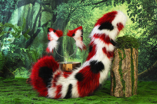 Red white black faux fur calico cat tail and ear kitten kemonomimi anime cosplay therian red black white cat ear and tail butt plug cat therian kitten halloween gift