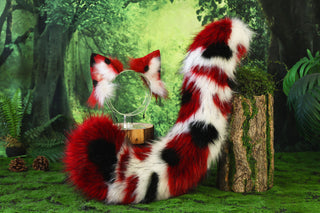 Red white black faux fur calico cat tail and ear kitten kemonomimi anime cosplay therian red black white cat ear and tail butt plug cat therian kitten halloween gift