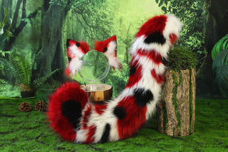 Red white black faux fur calico cat tail and ear kitten kemonomimi anime cosplay therian red black white cat ear and tail butt plug cat therian kitten halloween gift