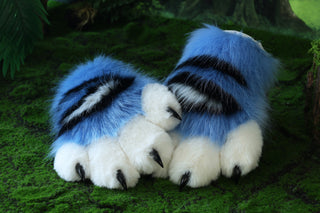Faux fur derpy tiger cosplay paws blue black white stripes derpy tiger paws gloves kpop demon hunters cosplay paws with claw fursuit handpaw