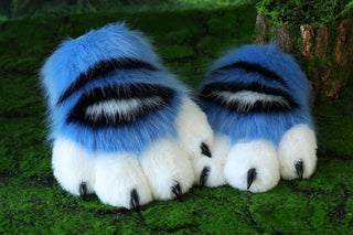 Faux fur derpy tiger cosplay paws blue black white stripes derpy tiger paws gloves kpop demon hunters cosplay paws with claw fursuit handpaw