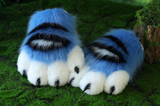 Faux fur derpy tiger cosplay paws blue black white stripes derpy tiger paws gloves kpop demon hunters cosplay paws with claw fursuit handpaw