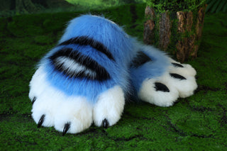 Faux fur derpy tiger cosplay paws blue black white stripes derpy tiger paws gloves kpop demon hunters cosplay paws with claw fursuit handpaw