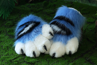Faux fur derpy tiger cosplay paws blue black white stripes derpy tiger paws gloves kpop demon hunters cosplay paws with claw fursuit handpaw