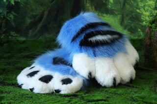 Faux fur derpy tiger cosplay paws blue black white stripes derpy tiger paws gloves kpop demon hunters cosplay paws with claw fursuit handpaw