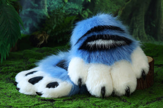 Faux fur derpy tiger cosplay paws blue black white stripes derpy tiger paws gloves kpop demon hunters cosplay paws with claw fursuit handpaw