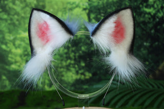 Realistic faux fur derpy tiger ear and tail set blue black white stripes derpy tiger tail and ear kpop demon hunters cosplay ears and tail