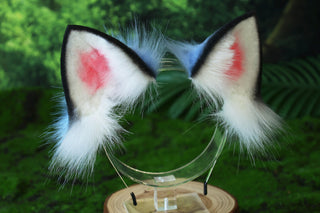Realistic faux fur derpy tiger ear and tail set blue black white stripes derpy tiger tail and ear kpop demon hunters cosplay ears and tail