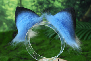 Realistic faux fur derpy tiger ear and tail set blue black white stripes derpy tiger tail and ear kpop demon hunters cosplay ears and tail