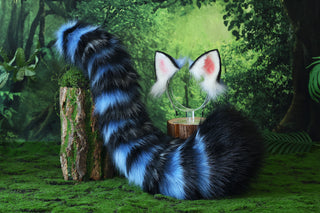 Realistic faux fur derpy tiger ear and tail set blue black white stripes derpy tiger tail and ear kpop demon hunters cosplay ears and tail