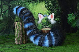 Realistic faux fur derpy tiger ear and tail set blue black white stripes derpy tiger tail and ear kpop demon hunters cosplay ears and tail