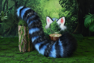 Realistic faux fur derpy tiger ear and tail set blue black white stripes derpy tiger tail and ear kpop demon hunters cosplay ears and tail