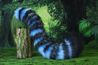 Realistic faux fur derpy tiger ear and tail set blue black white stripes derpy tiger tail and ear kpop demon hunters cosplay ears and tail